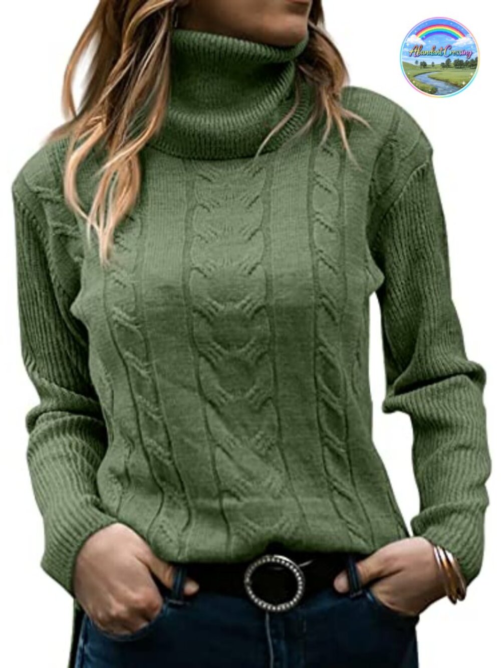 Turtleneck Long Sleeve Cable Knit Sweater Pullover Slim Fit Stretch
